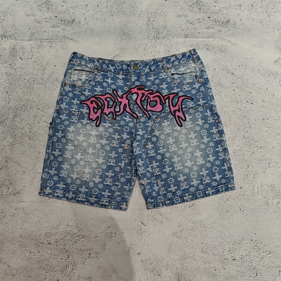 Custom High Quality Luxury Jacquard Denim Jean Shorts Vintage Washed Double Knee Heavy Cotton Baggy Jorts Men