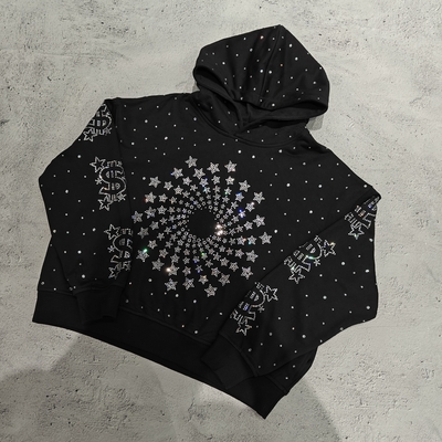 Custom Luxury Diamond Oversized Baggy Boxy Pullover Hoodie Sweatshirt Vintage Streetwear Heavyweight Rhinestone Hoodie for Men