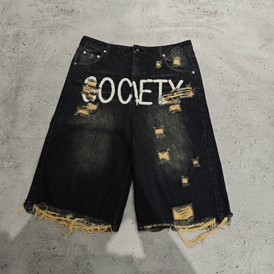 Custom Manufacturer Jorts Printed Short Jeans Streetwear Vintage Black Washed Baggy Denim Shorts for Men