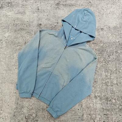 Custom 2025 Streetwear Heavyweight Rhinestone Hoodie Unisex Blank Vintage Sun Faded Acid Wash Zip Up Oversized Hoodies