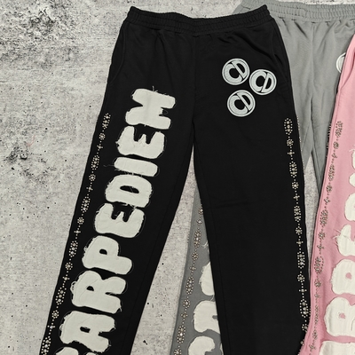 Custom Logo Applique Embroidery Patch Distressed Jogger Sweatpants Baggy Wide Leg Track Pants Men