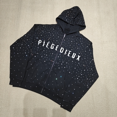 Custom French Terry 100% Heavy Cotton Zipper Distressed Embroidery Applique Zip up Rhinestone Men's Hoodies