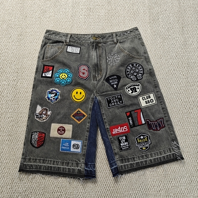Custom Embroidery Patches Logo Baggy Jorts Streetwear High Quality Raw Hem Vintage Denim Jean Shorts for Men