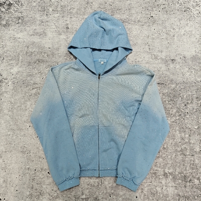 Custom 2025 Streetwear Heavyweight Rhinestone Hoodie Unisex Blank Vintage Sun Faded Acid Wash Zip Up Oversized Hoodies
