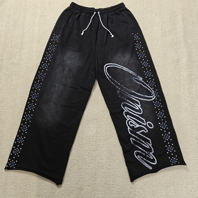 Custom Joggers Sweat Pants Oversized Cotton French Terry Straight Leg Baggy Acid Wash Flared Rhinestone Sweatpants Men